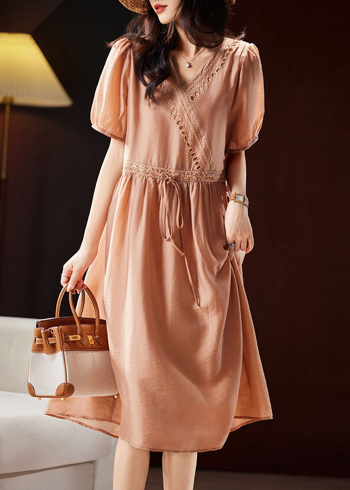 Classy Orange V Neck Hollow Out Patchwork Tie Waist Silk Long Dresses Short Sleeve WW036 OL-SDL240812