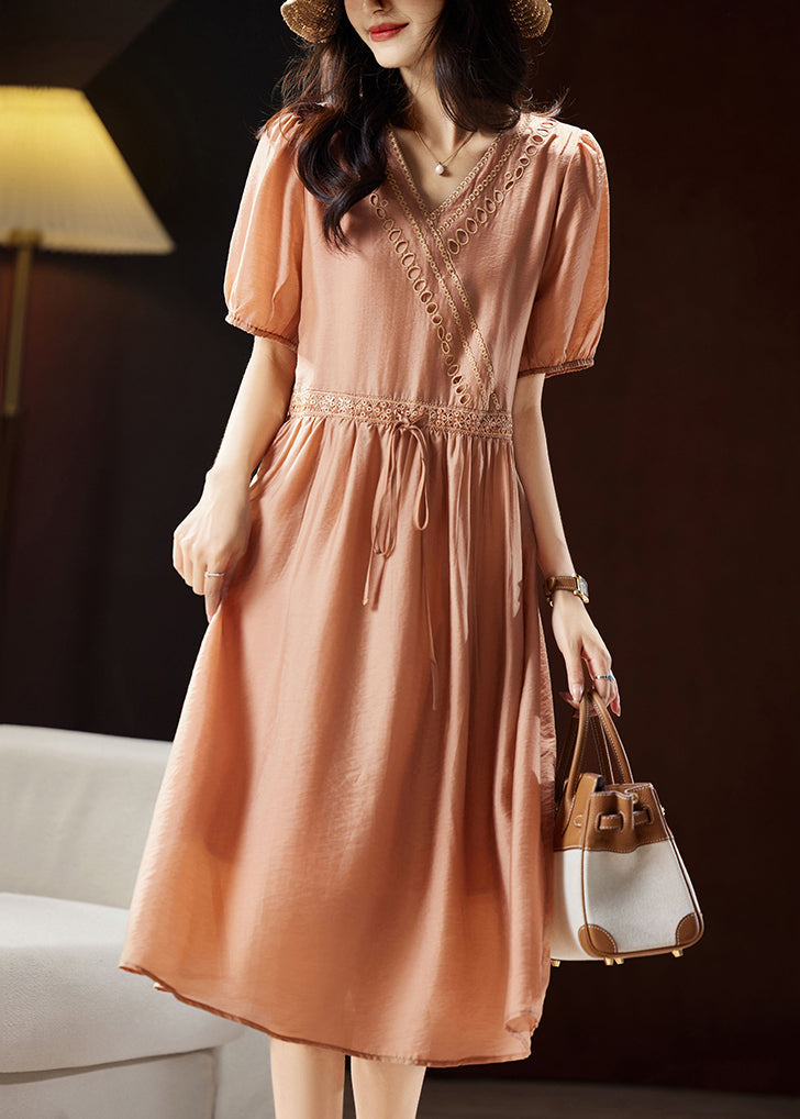 Classy Orange V Neck Hollow Out Patchwork Tie Waist Silk Long Dresses Short Sleeve WW036 OL-SDL240812