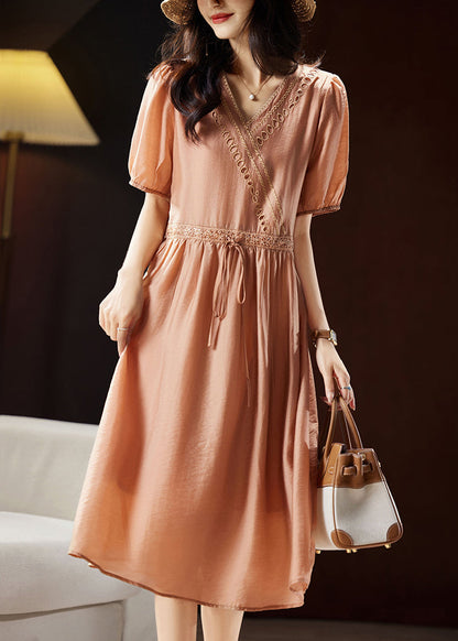Classy Orange V Neck Hollow Out Patchwork Tie Waist Silk Long Dresses Short Sleeve WW036 OL-SDL240812