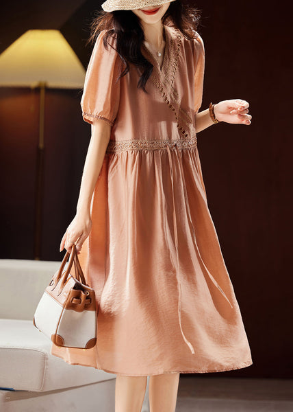 Classy Orange V Neck Hollow Out Patchwork Tie Waist Silk Long Dresses Short Sleeve WW036 OL-SDL240812