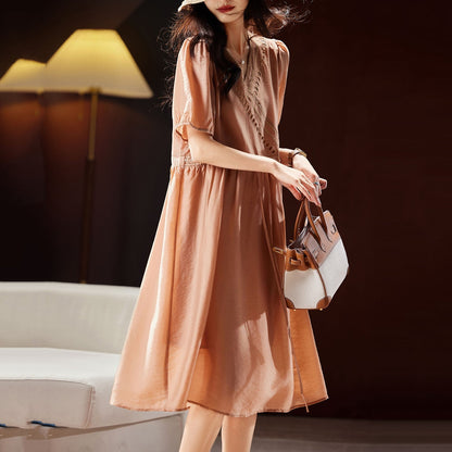 Classy Orange V Neck Hollow Out Patchwork Tie Waist Silk Long Dresses Short Sleeve WW036 OL-SDL240812