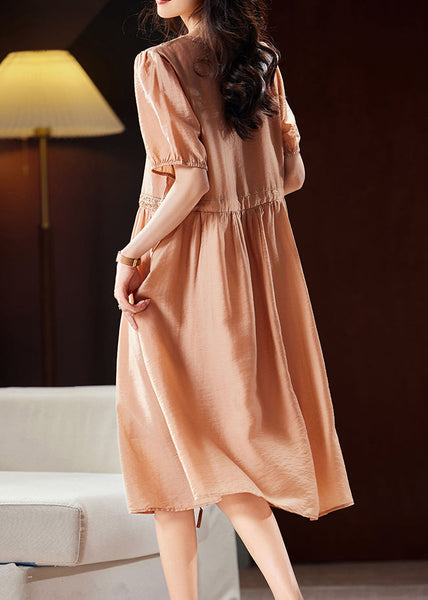 Classy Orange V Neck Hollow Out Patchwork Tie Waist Silk Long Dresses Short Sleeve WW036 OL-SDL240812