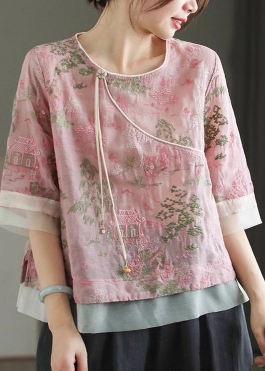 Classy Pink Embroidered Tulle Patchwork Tassel Top Short Sleeve UU028 OM-MM240820