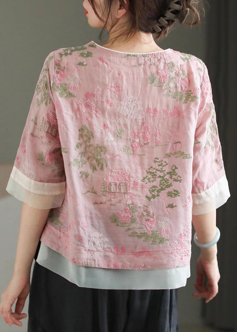 Classy Pink Embroidered Tulle Patchwork Tassel Top Short Sleeve UU028 OM-MM240820