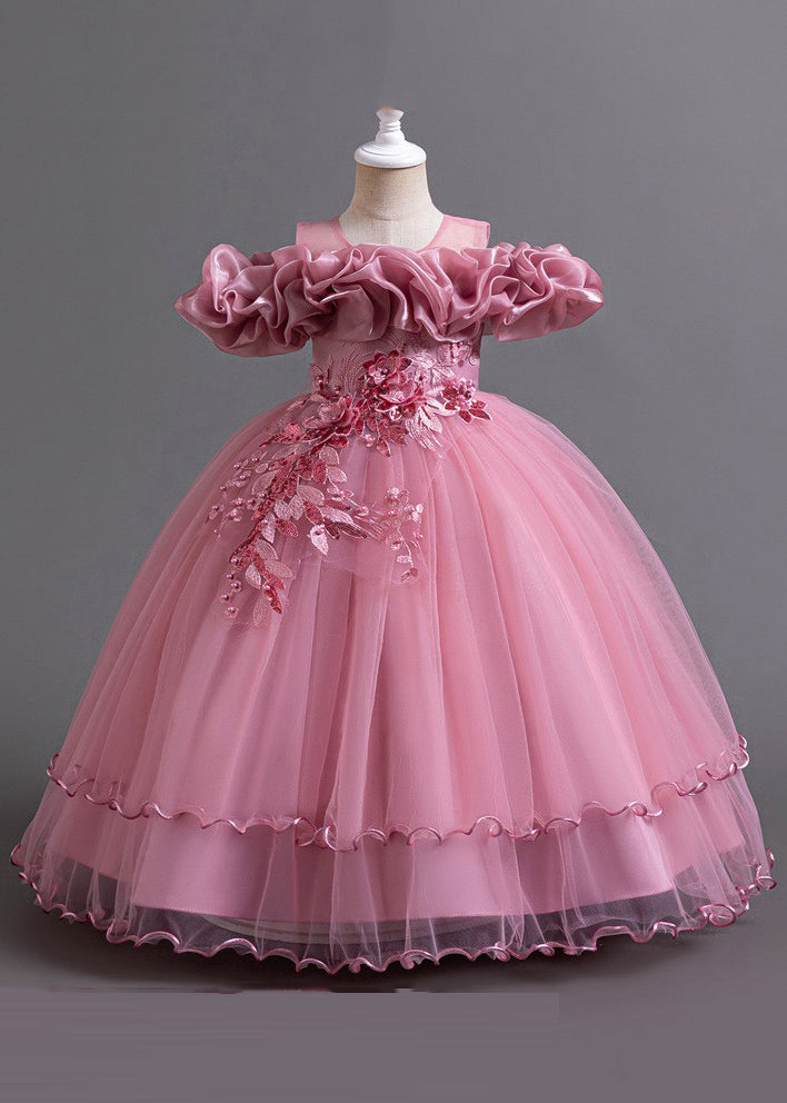 Classy Pink Embroideried Bow Tunic Tulle Girls Long Dress Short Sleeve YG018 ABC