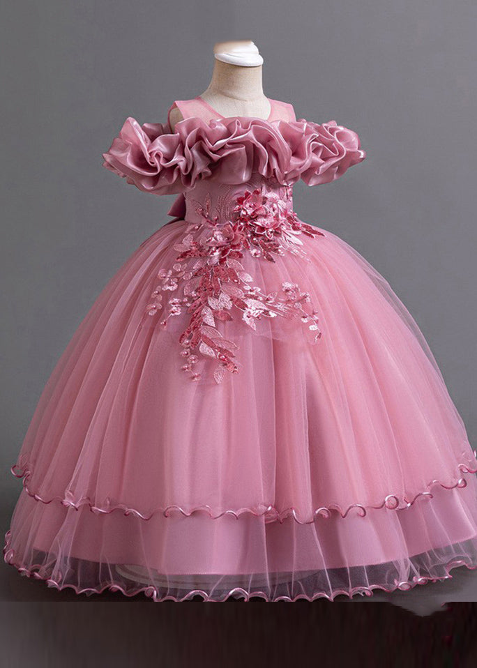 Classy Pink Embroideried Bow Tunic Tulle Girls Long Dress Short Sleeve YG018 ABC