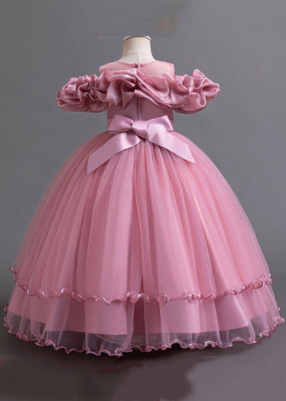 Classy Pink Embroideried Bow Tunic Tulle Girls Long Dress Short Sleeve YG018 ABC