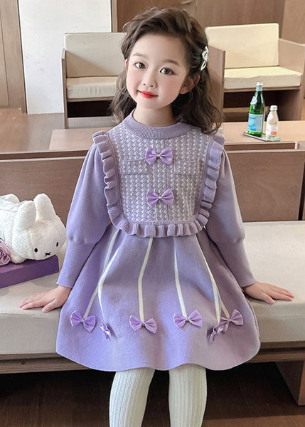 Classy Pink O-Neck Bow Patchwork Cotton Knit Girls Vacation Maxi Dresses Spring YE025 ABC