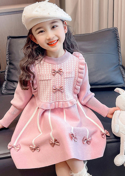 Classy Pink O-Neck Bow Patchwork Cotton Knit Girls Vacation Maxi Dresses Spring YE025 ABC