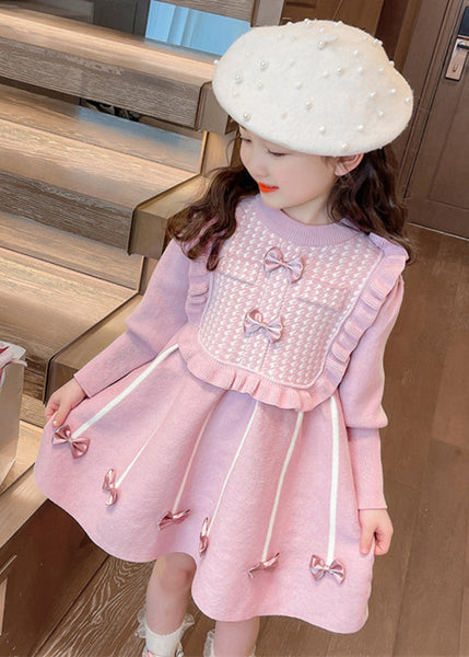 Classy Pink O-Neck Bow Patchwork Cotton Knit Girls Vacation Maxi Dresses Spring YE025 ABC