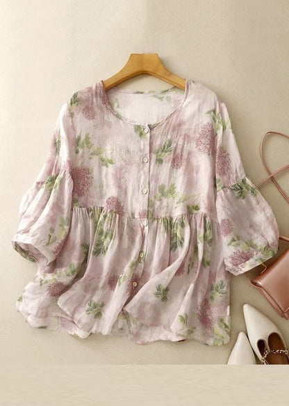 O Button Classy Neck Blouse Sleeve Bracelet Print Pink Cotton FashionChic