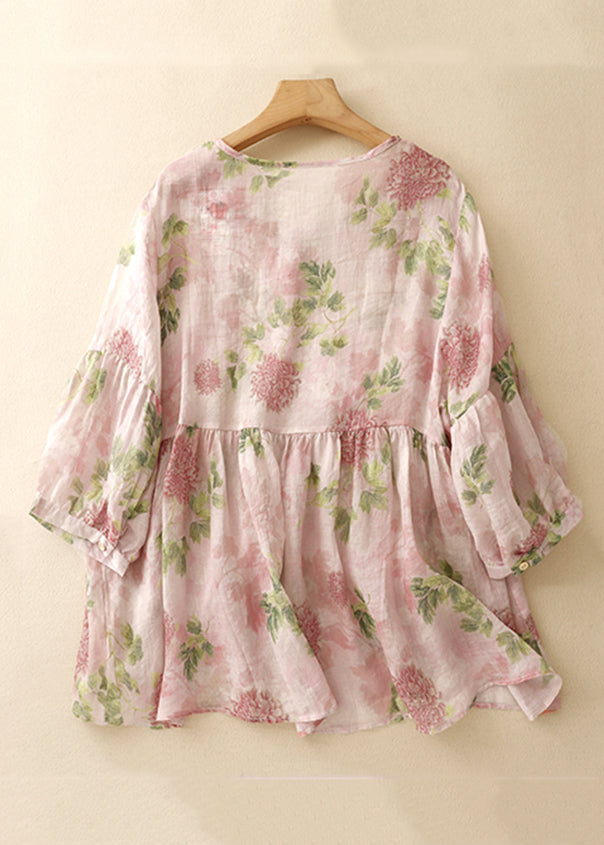 O Button Classy Neck Blouse Sleeve Bracelet Print Pink Cotton FashionChic