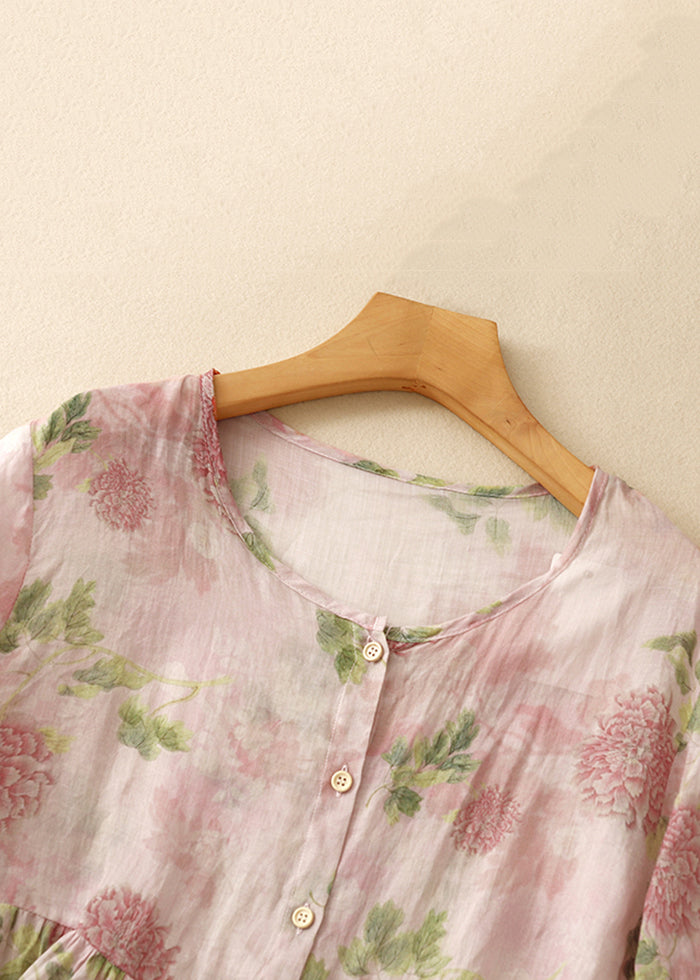 O Button Classy Neck Blouse Sleeve Bracelet Print Pink Cotton FashionChic