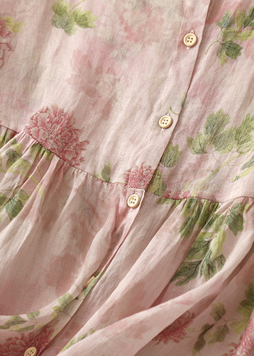 O Button Classy Neck Blouse Sleeve Bracelet Print Pink Cotton FashionChic