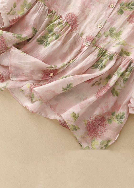 O Button Classy Neck Blouse Sleeve Bracelet Print Pink Cotton FashionChic