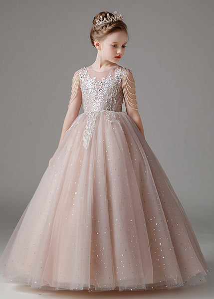 Classy Pink O-Neck Sequins Patchwork Tulle Kids Long Dress Sleeveless QV009 WS-JRTZSDGL241026