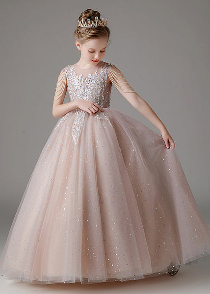 Classy Pink O-Neck Sequins Patchwork Tulle Kids Long Dress Sleeveless QV009 WS-JRTZSDGL241026