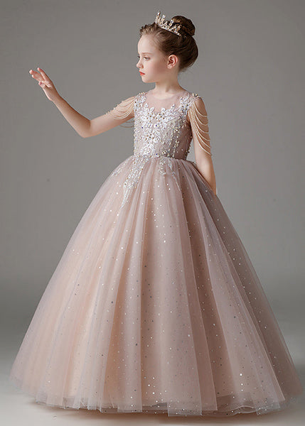 Classy Pink O-Neck Sequins Patchwork Tulle Kids Long Dress Sleeveless QV009 WS-JRTZSDGL241026