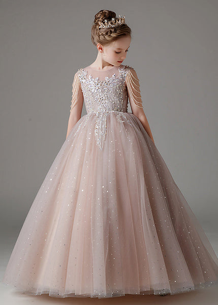Classy Pink O-Neck Sequins Patchwork Tulle Kids Long Dress Sleeveless QV009 WS-JRTZSDGL241026