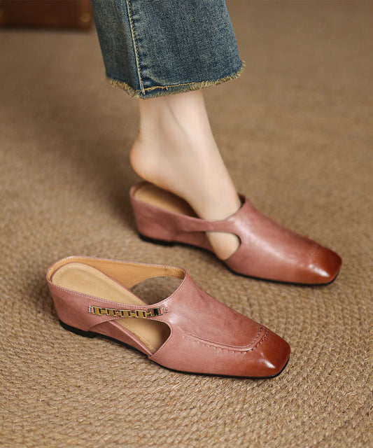 Wedge Classy Cowhide Splicing Slide Leather Pink Sandals FashionChic