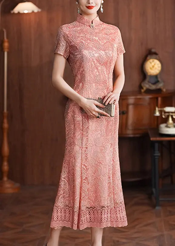 Classy Pink Stand Collar Lace Patchwork Long Dresses Summer Ada Fashion