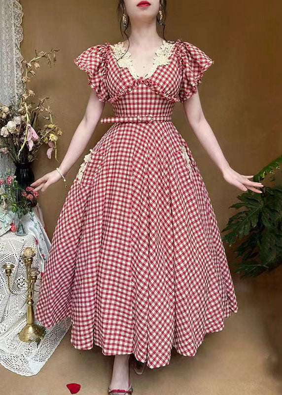 Classy Plaid V Neck Ruffled Pockets Cotton Dresses Summer KK001 SH-LF-SDL240602