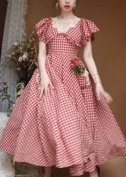 Classy Plaid V Neck Ruffled Pockets Cotton Dresses Summer KK001 SH-LF-SDL240602