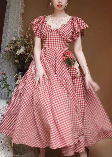 Classy Plaid V Neck Ruffled Pockets Cotton Dresses Summer KK001 SH-LF-SDL240602