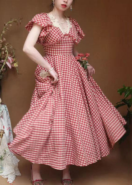 Classy Plaid V Neck Ruffled Pockets Cotton Dresses Summer KK001 SH-LF-SDL240602