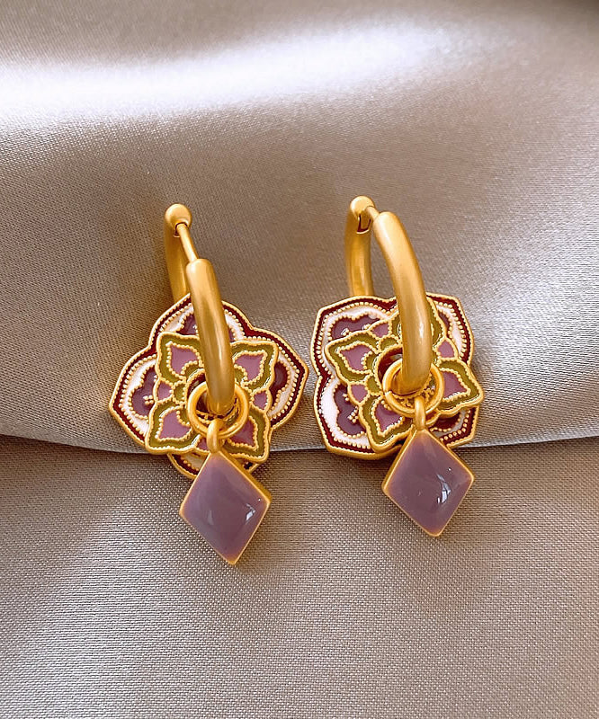 Classy Purple Copper Alloy Enamel Floral Hoop Earrings QQ039 JEW-EAR240811