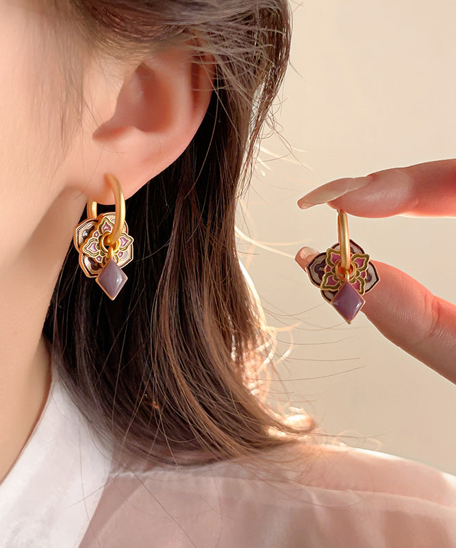 Classy Purple Copper Alloy Enamel Floral Hoop Earrings QQ039 JEW-EAR240811