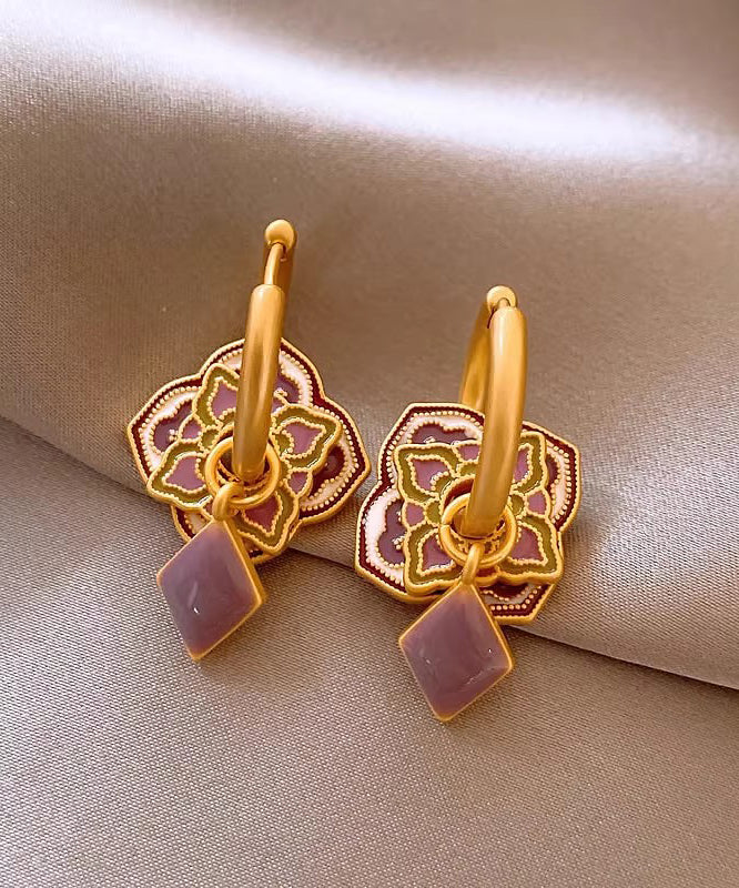 Classy Purple Copper Alloy Enamel Floral Hoop Earrings QQ039 JEW-EAR240811