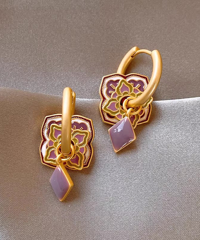 Classy Purple Copper Alloy Enamel Floral Hoop Earrings QQ039 JEW-EAR240811