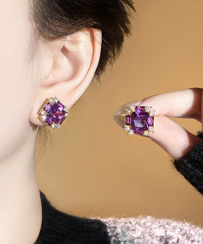 Crystal Copper Earrings Alloy Zircon Stud Classy Purple FashionChic