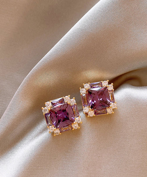 Crystal Copper Earrings Alloy Zircon Stud Classy Purple FashionChic