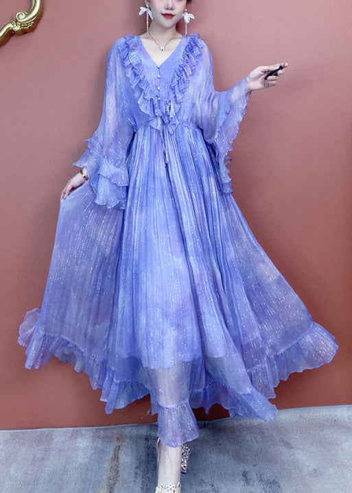 Classy Purple V Neck Ruffled Print Silk Dress Butterfly Sleeve XX090 SH-LF-SDL240611