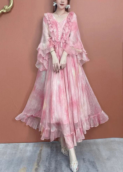 Classy Purple V Neck Ruffled Print Silk Dress Butterfly Sleeve XX090 SH-LF-SDL240611