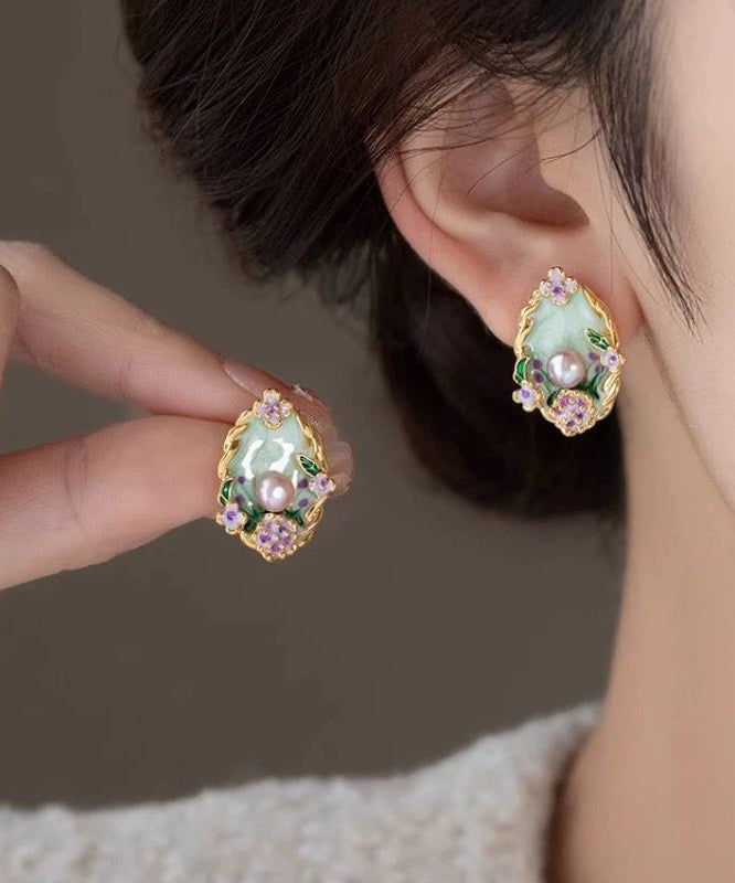 Stud Classy Pearl Overgild Floral Copper Earrings Rainbow FashionChic