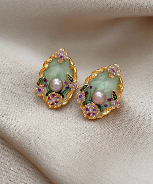 Stud Classy Pearl Overgild Floral Copper Earrings Rainbow FashionChic