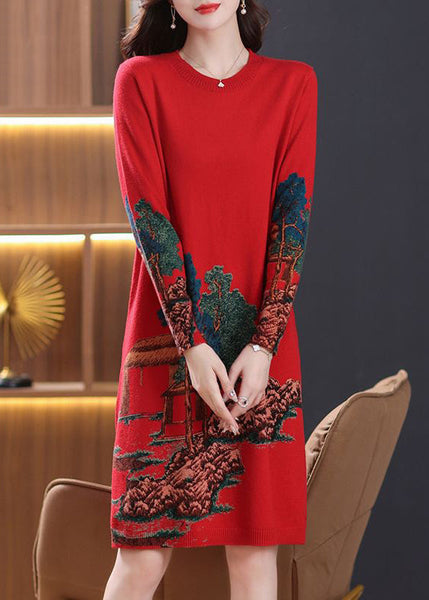 Classy Red O Neck Print Cozy Wool Knit Dress Spring TB017