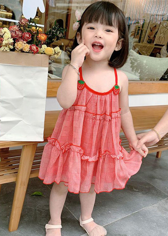 Classy Red Plaid Ruffled Patchwork Kids Chiffon Girls Slip Mid Dress Sleeveless GF026 MM-RCTZ-SDM230724