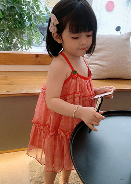 Classy Red Plaid Ruffled Patchwork Kids Chiffon Girls Slip Mid Dress Sleeveless GF026 MM-RCTZ-SDM230724