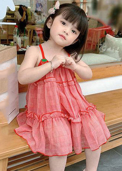 Classy Red Plaid Ruffled Patchwork Kids Chiffon Girls Slip Mid Dress Sleeveless GF026 MM-RCTZ-SDM230724