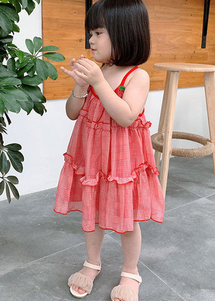 Classy Red Plaid Ruffled Patchwork Kids Chiffon Girls Slip Mid Dress Sleeveless GF026 MM-RCTZ-SDM230724