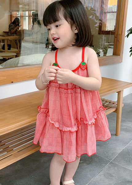 Classy Red Plaid Ruffled Patchwork Kids Chiffon Girls Slip Mid Dress Sleeveless GF026 MM-RCTZ-SDM230724