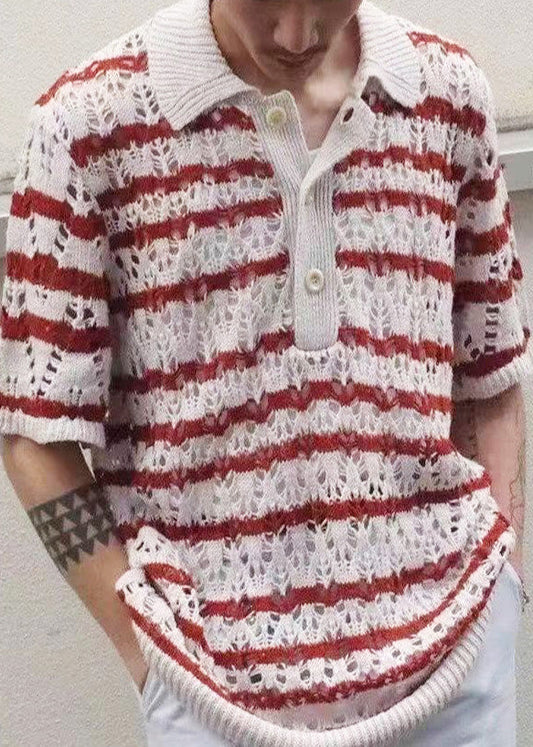 Classy Hollow Out Summer Red Knit Polo Mens Shirts Striped FashionChic
