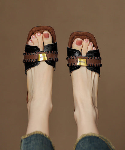 Splicing Sandals Cowhide Beige Chunky Classy Slide Leather FashionChic