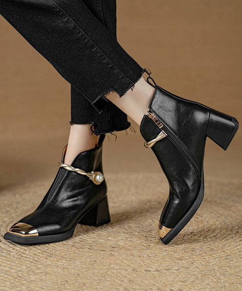 Classy Splicing Chunky Heel Ankle Boots Black Cowhide Leather YR031 ABC