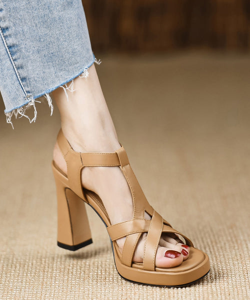 Splicing Black Toe Cowhide Classy Peep Leather Chunky Sandals FashionChic