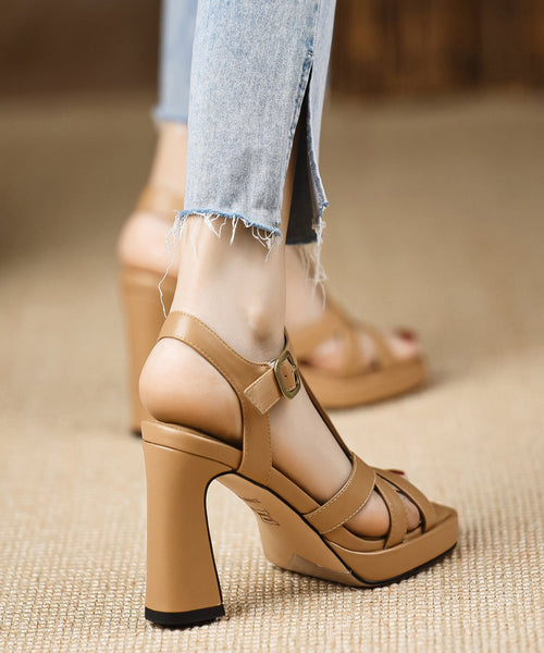 Splicing Black Toe Cowhide Classy Peep Leather Chunky Sandals FashionChic